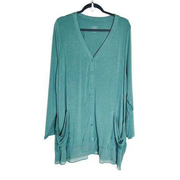 LOGO by Lori Goldstein 2X Button Up Cardigan Sweater Teal Lightweight Lace trim - Picture 1 of 8
